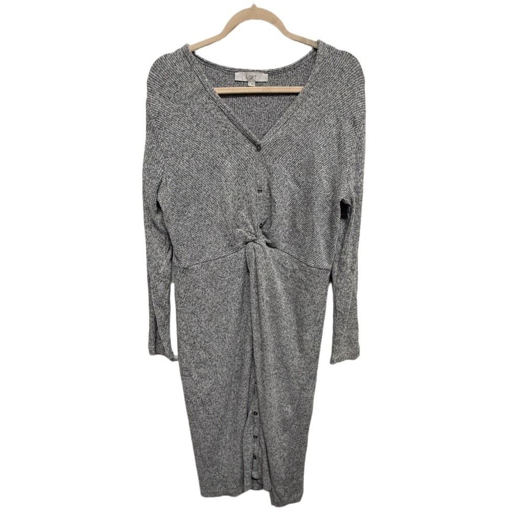 LOFT Pepper Melange Knotted Midi Dress Women's Large Gray Ribbed Button Front